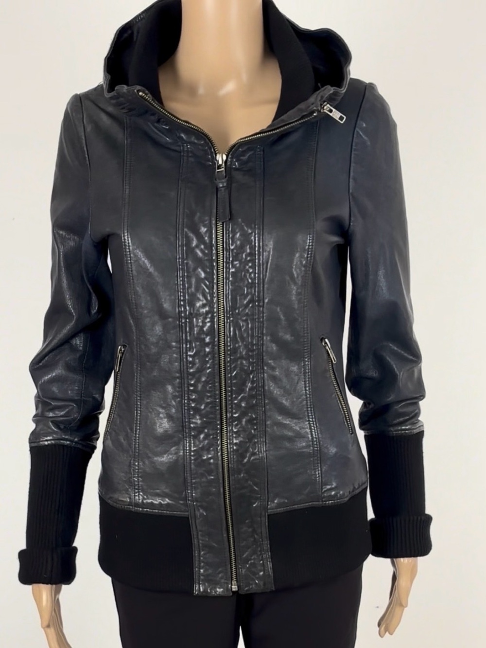 Unique MACKAGE Bluish/Gray Leather Moto Jacket with Knit Hood. Video